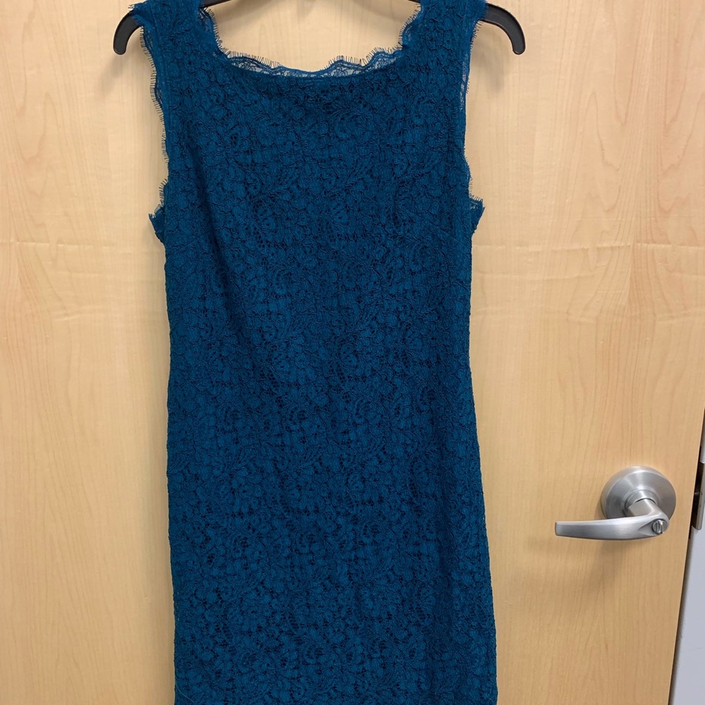 Teal Adrianna Papell lace sheath dress